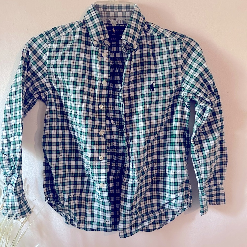 Ralph Lauren Green and White Gingham Casual Button Down Shirt